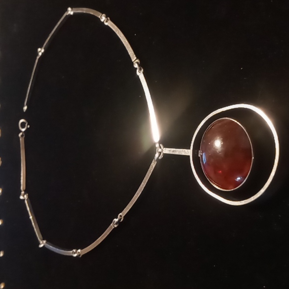 Vintage Nefrom Denmark 925 Sterling Silver bar chain amber pendant stamped